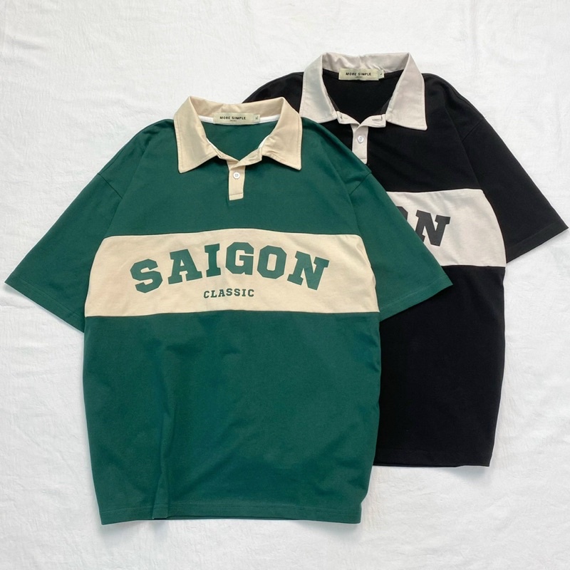 Áo Thun Polo Unisex SAIGON màu XANH LÁ/ĐEN form rộng ✳️ Chất thun cotton form nam nữ unisex/Áo thun có cổ 🖤