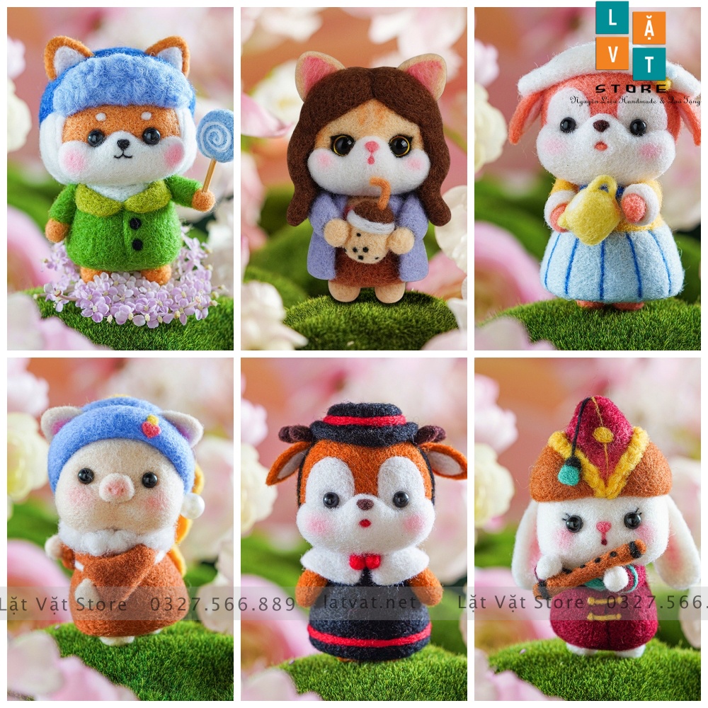 Bộ len chọc Gia Đình Dễ thương có hướng dẫn video, cách làm đơn giản làm quà tặng, needle felting shiba,pig.