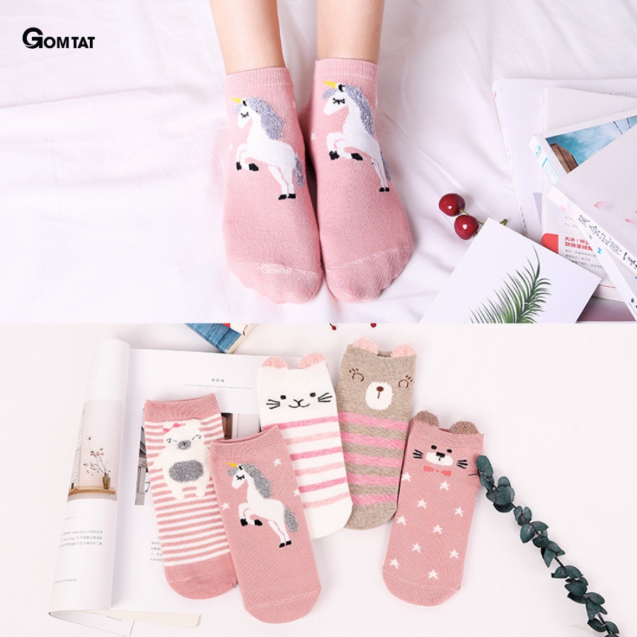 [Set 5 Đôi] Tất nữ Cổ Ngắn họa tiết tai gấu, vớ nữ dễ thương nhiều màu hong cách Hàn Quốc - LISU-TAIGAU-02