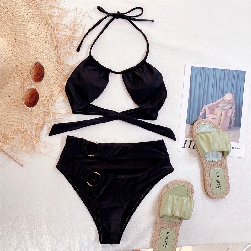 [BKN1153] &lt;ÂU&gt; SET BIKINI ĐEN KHUY TRÒN CUTOUT (CẠP CAO)