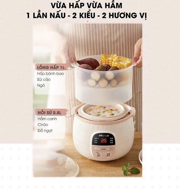 [Bản Quốc Tế] Nồi Bear 0,8l Nấu Cháo Cho Bé, Ninh Hầm Cách Thuỷ Kèm Lồng Hấp