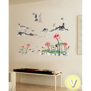 Decal dán tường thủy mặc hoa sen