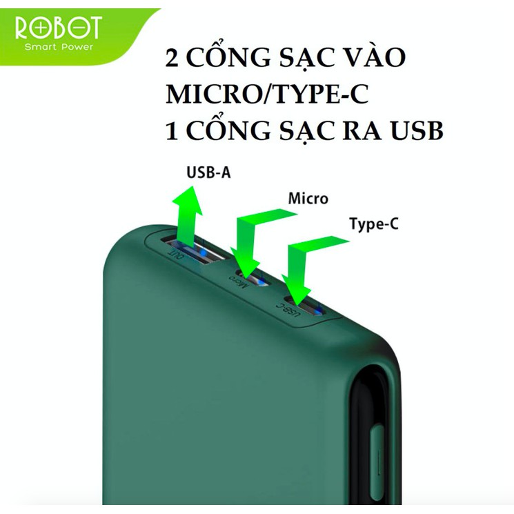 Pin Sạc Dự Phòng 10000mAh ROBOT RT180 , 1 Output USB &amp; 2 Input Micro/Type-C