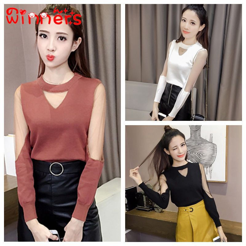 Áo tay dài phối lưới cổ chữ V thời trang cho nữ