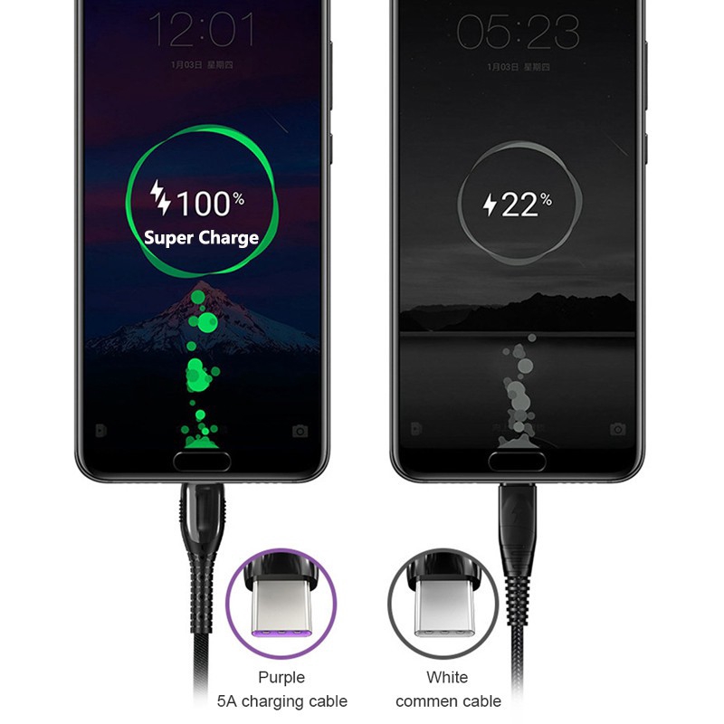 Dây cáp sạc nhanh cổng Micro USB/Type-C/Lightning 3.0 5A tích hợp đèn LED cho iPhone/Huawei/Xiaomi/Samsung/OPPO