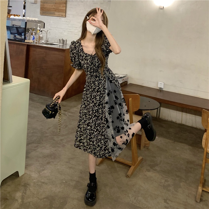 Đầm ZHELIHANGFEI họa tiết hoa cổ vuông dáng dài xinh xắn dành cho nữ