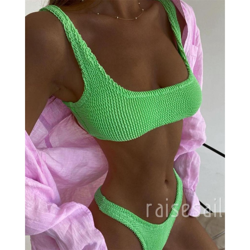Rs Bộ Đồ Bơi Hai Mảnh Áo Hai Dây Màu Trơn + Quần Short Lưng Thun Co Giãn Thời Trang Cho Nữ