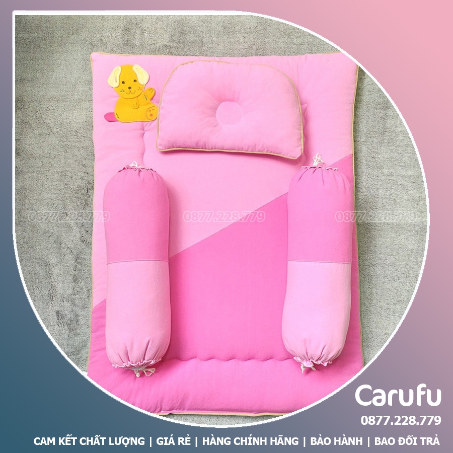 Bộ Nệm Gối cho bé sơ sinh CARUFU | Nệm + Gối Lõm + 2 Gối Ôm | Cotton Thắng Lợi và CARA siêu êm mát và giặt máy thoải mái
