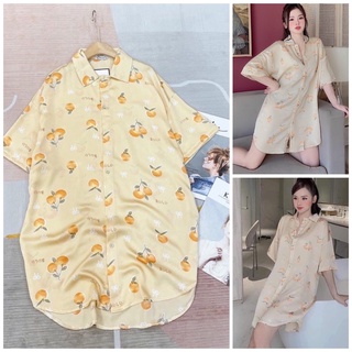 Đầm lụa suông kiểu cổ áo sơmi chất lụa mịn hoạ tiết cam vàng dễ thương