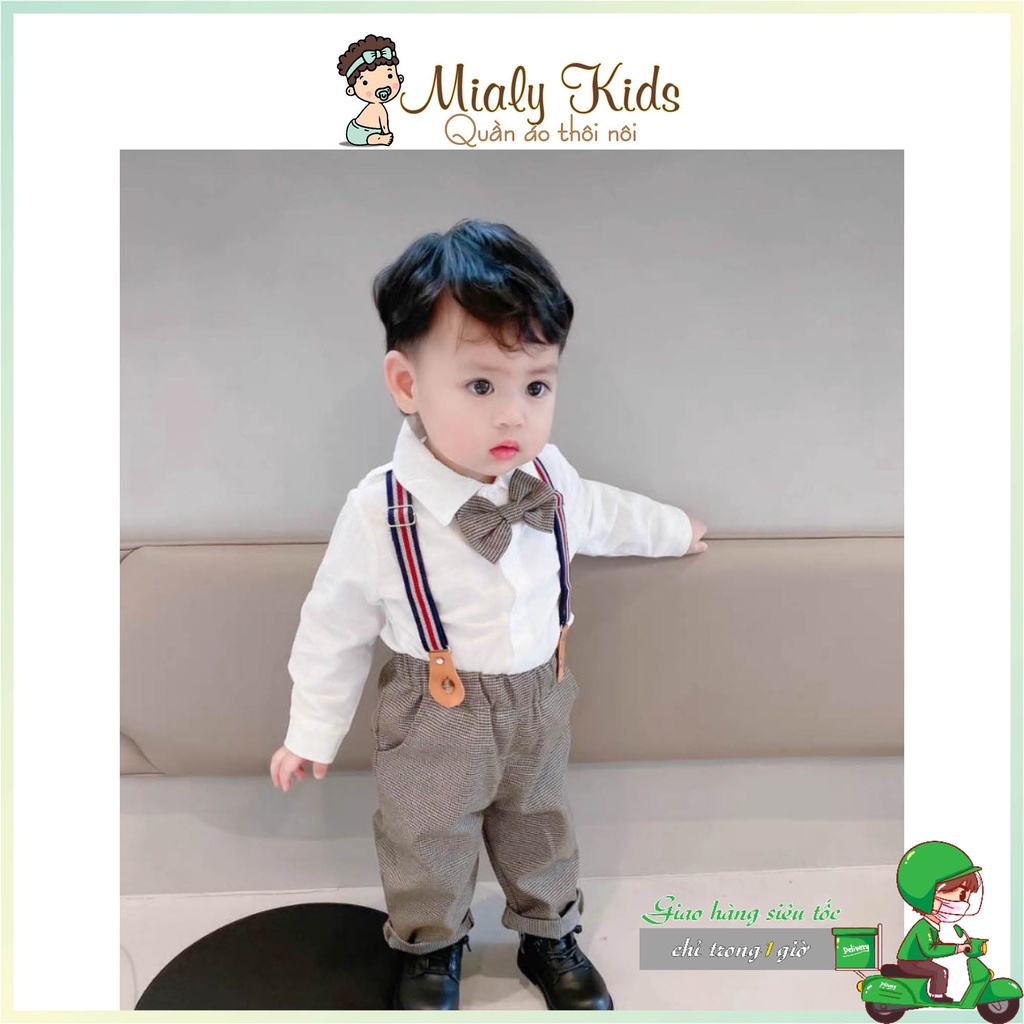Set yếm quần Mialy Kids cho bé trai màu Đen - Trắng (8-22kg) - Áo sơmi cùng quần linen mềm đẹp tiện lợi kết hợp cùng đai