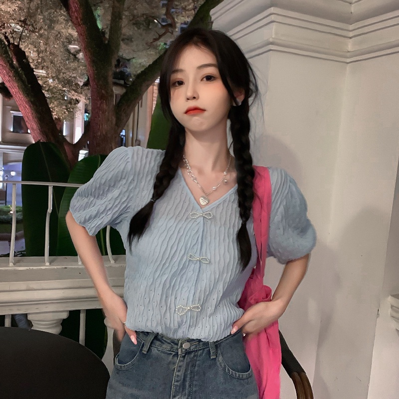 【ZHELIHANGFEI】Áo Dệt Kim Tay Phồng Đính Nơ Ngọt Ngào Thời Trang