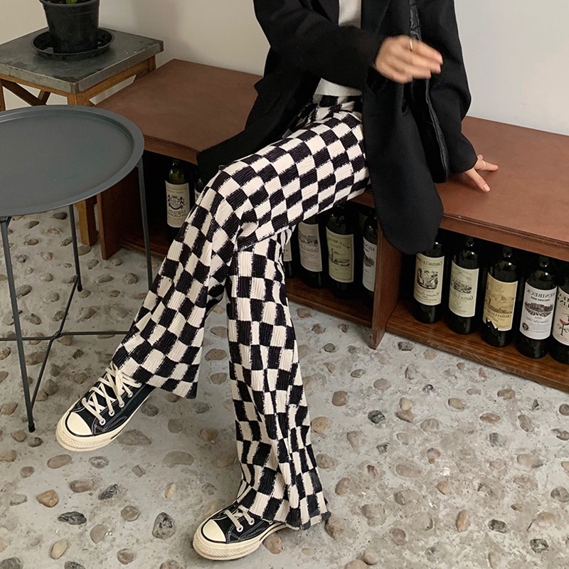 Quần lưng cao dáng rộng họa tiết kẻ sọc caro thời trang trẻ trung