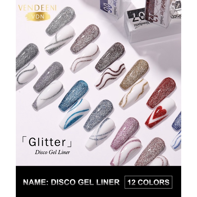 Sơn gel cọ nét vẽ nhũ flash vendeeni set 12 màu