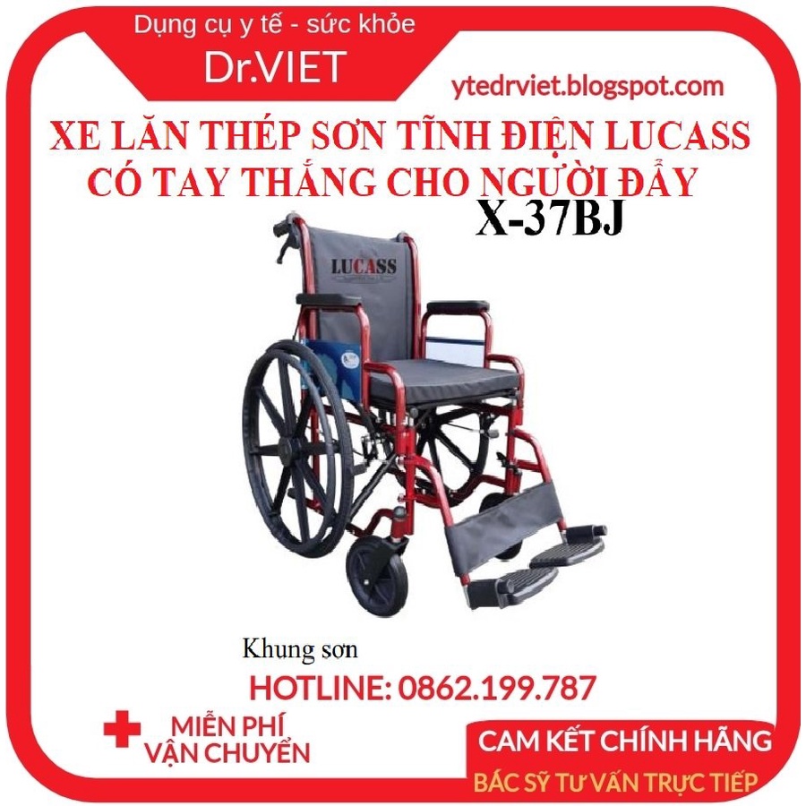 Xe lăn Lucass X37BJ- Xe lăn thép sơn tĩnh điện, Có thắng tay cho người đẩy, Thành xe, gác chân tháo rời cho người già