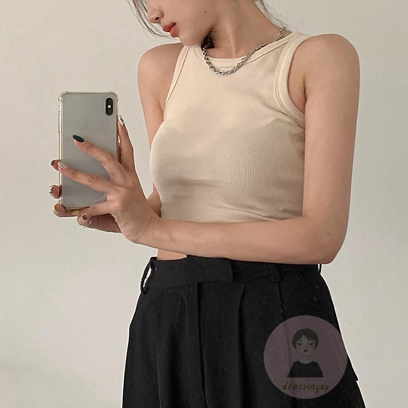 DRE-Women´s Round Collar Tank Tops, Solid Color Sleeveless Navel Tank Tops