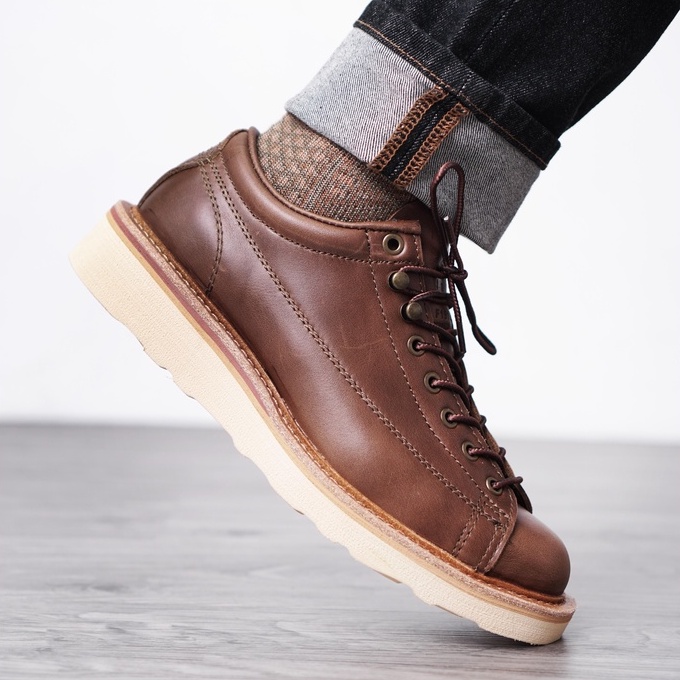 Giày da nam màu nâu Monkey, giày da bò thật cổ thấp đế bánh mình TONKIN