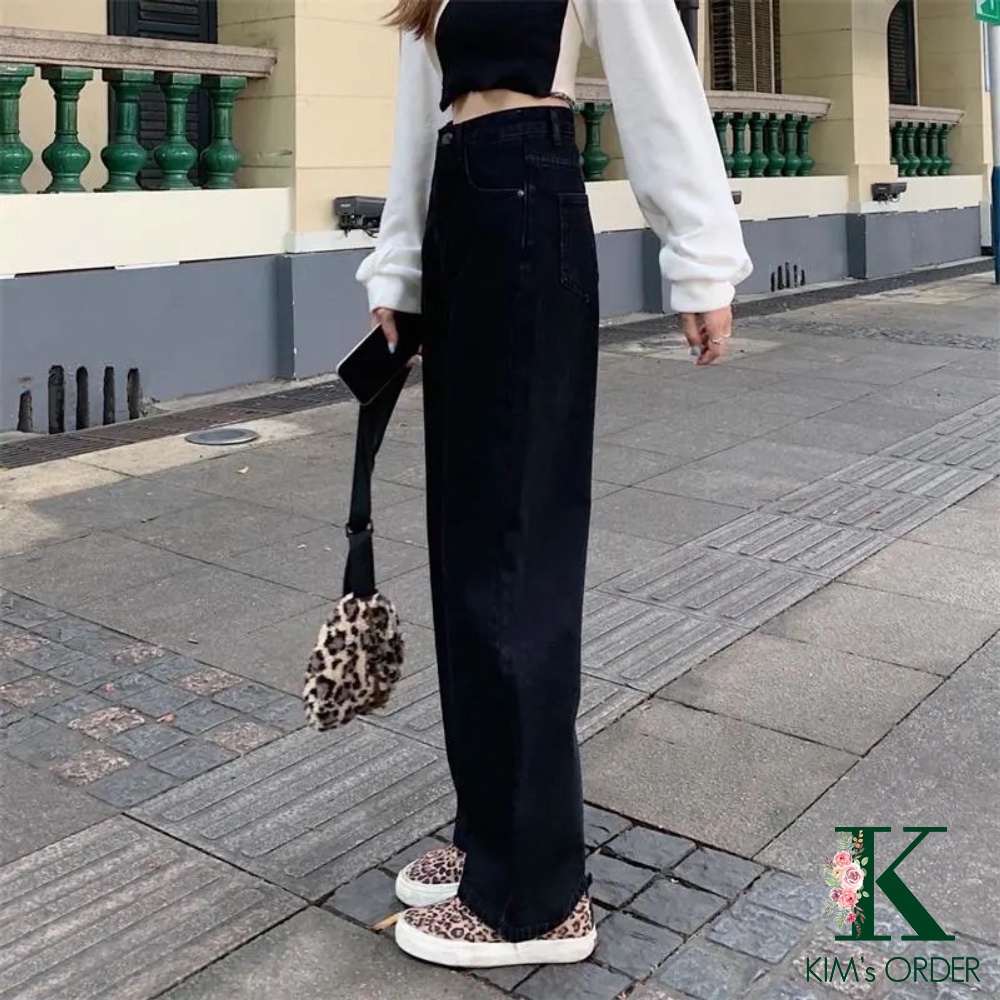 Quần jean nữ màu đen trơn ống suông basic Ulzzang cạp lưng cao đi học đi làm đi chơi chất co dãn nhẹ loại 1