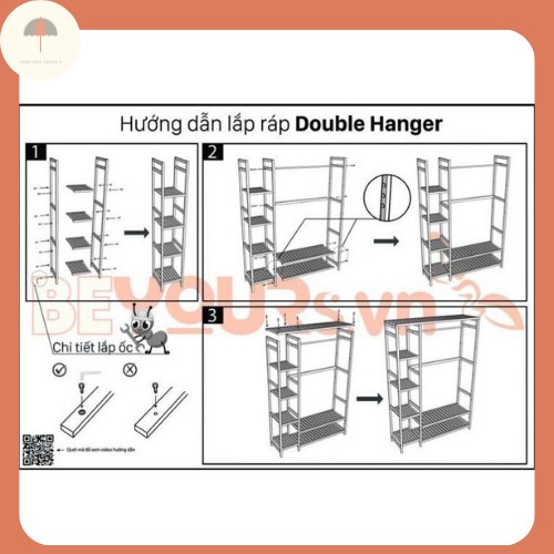 MIỄN SHIP  Tủ Treo Quần Áo 2 Buồng Gỗ Thông Newzealand Nội Thất Kiểu Hàn DOUBLE HANGER Lắp Ráp Kích Thước 97x35x150