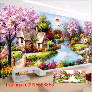 Tranh đính đá ngôi nhà mùa xuân kt 120*65cm
