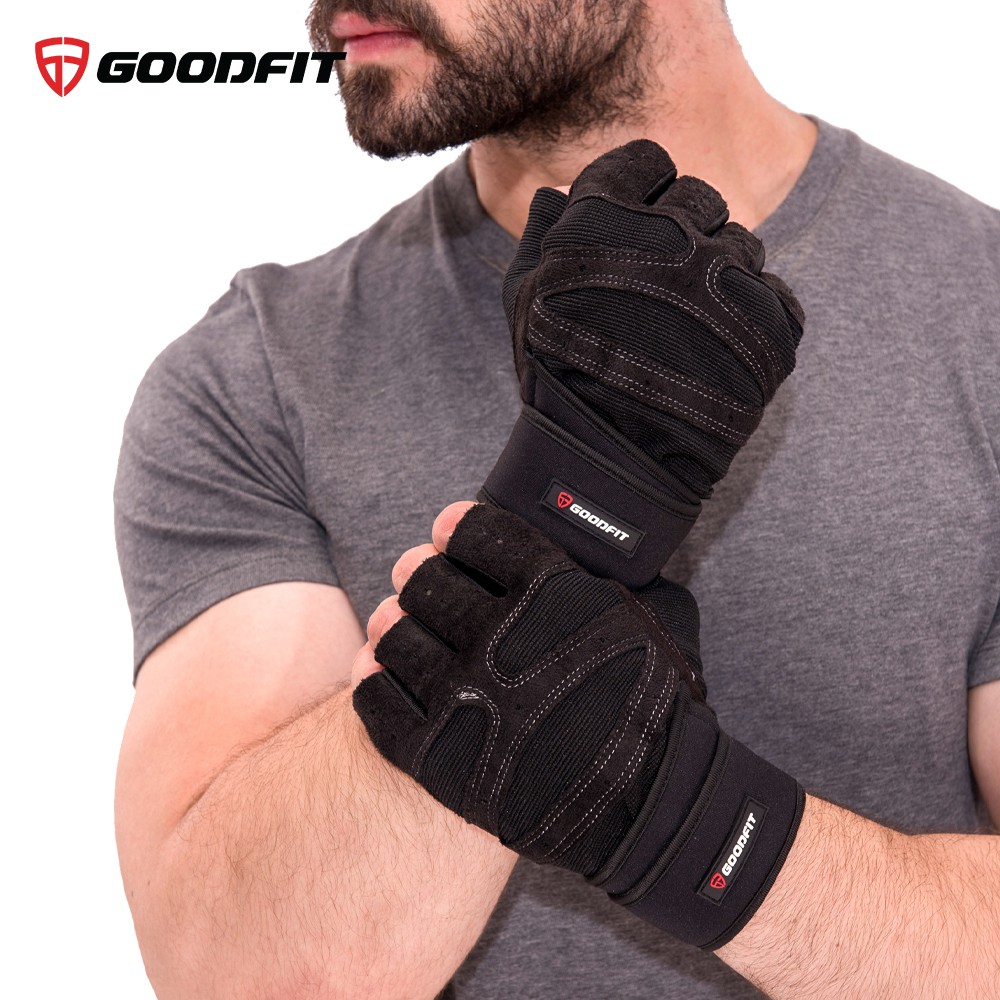 Bao tay tập gym hở ngón hít xà đơn GoodFit đệm silicone chống trượt dây quấn trợ lực cổ tay GF201G