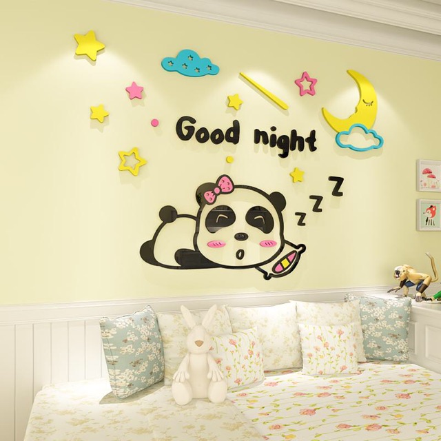 Tranh dán tường mica gấu trúc ngủ ngon trang trí phòng ngủ cho bé, tranh mica dán nổi