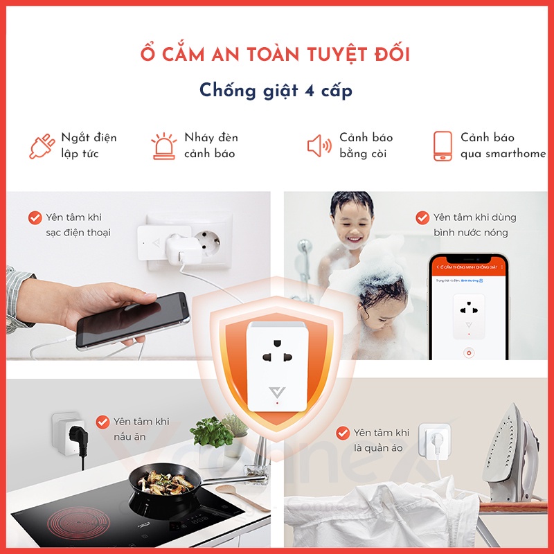 Ổ cắm điện thông minh Vconnex - Chống giật 4 cấp độ, Điều khiển từ xa, Hẹn giờ bật tắt, Bảo hành 2 năm