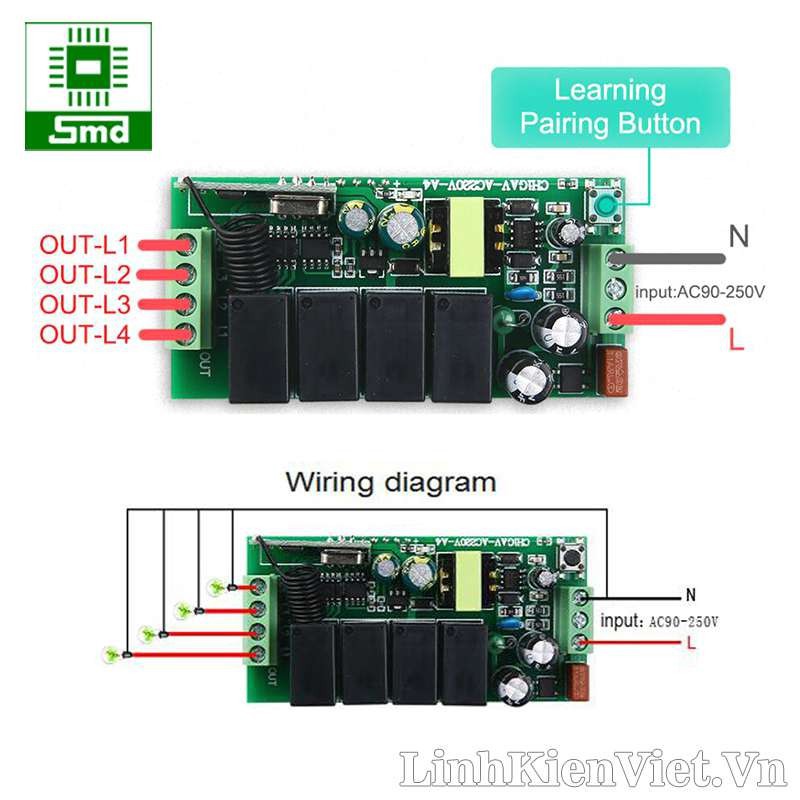 Bộ điều khiển thiết bị RF 4 kênh 433MHz 220V học lệnh (3 chế độ)