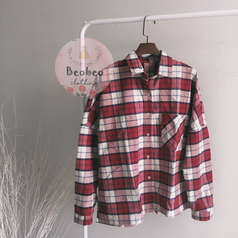 Áo sơ mi oversize sọc caro hồng có túi ulzzang