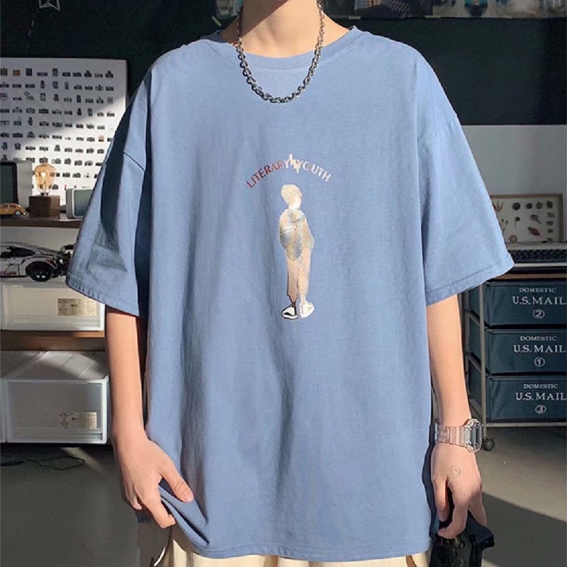 Áo thun tay ngắn cổ tròn dáng rộng in họa tiết hoạt hình phong cách đường phố Hàn Quốc cho nam