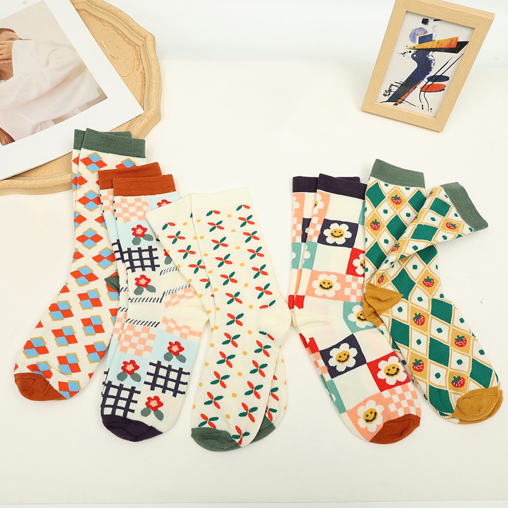 Vớ cotton mềm mại thoáng khí thêu họa tiết hoa hướng dương phong cách Pháp thời trang thu đông cho nữ