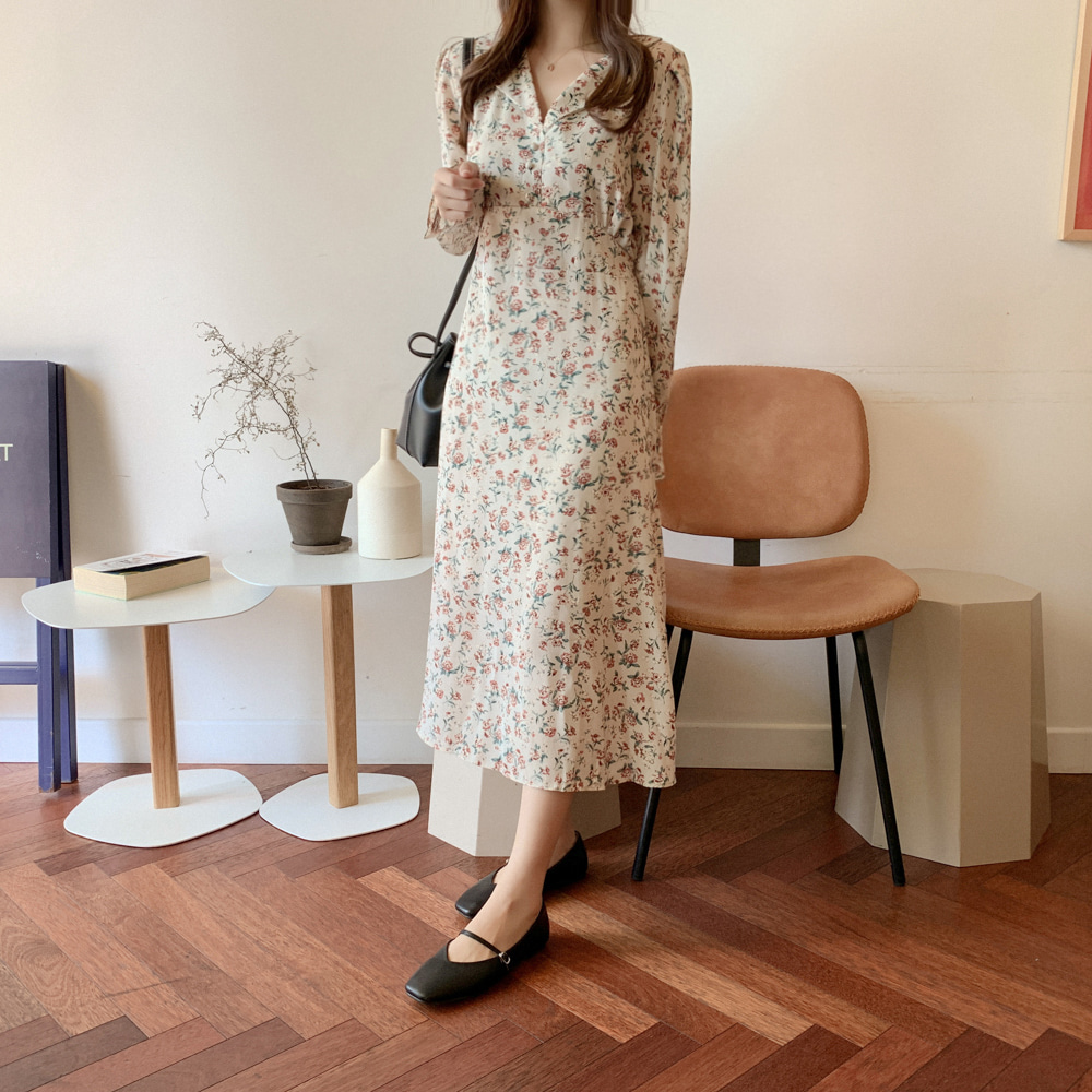 Đầm hoa peppermint 32533 thiết kế dài tay cổ chữ v xinh xắn dành cho nữ