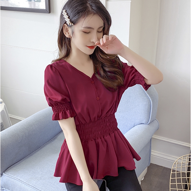 Áo Kiểu Tay Ngắn Cổ Chữ v Chất chiffon Thiết Kế Lệch Tà Phối Nơ Thời Trang Mùa Hè Cho Nữ