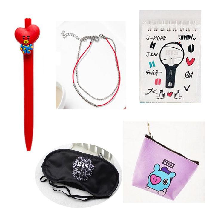 (M69) Combo 4 món đồ BTS gồm tẩy chibi nametag hologram dấu ấn lightstick hộp đựng tai nghe