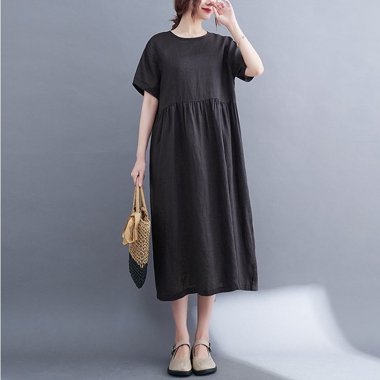 Đầm suông nữ dáng babydoll form rộng đơn giản vải đũi mát thời trang phong cách Nhật Bản