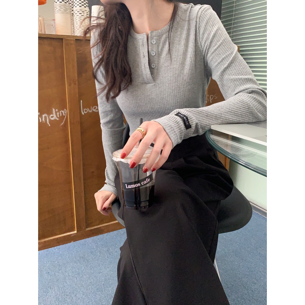 Áo kiểu dệt kim tay dài cổ tròn ôm dáng vừa vặn thời trang cho nữ 48045