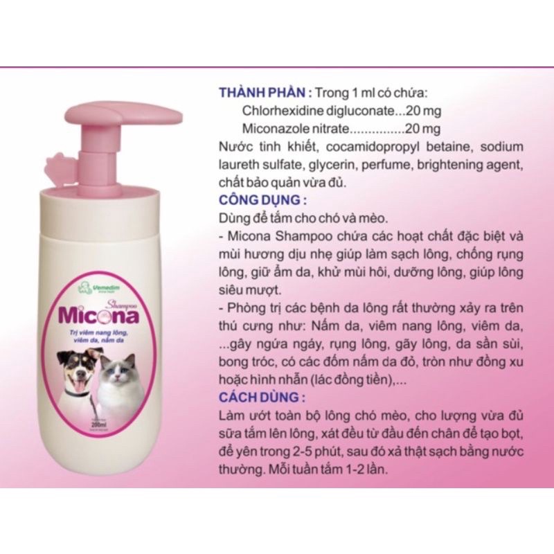Sữa Tắm Nang Lông Viêm Da Nấm Da Cho Chó Mèo Micona Vemedim 200ml