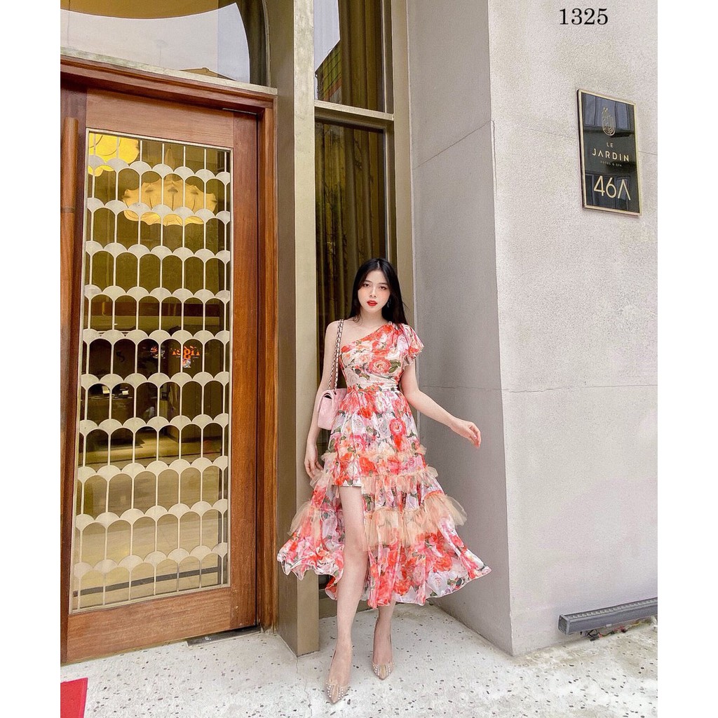 Váy maxi lệch vai Tầng Hoa cam 1325 EC - MH ẢNH THẬT váy dự tiệc váy đi làm đầm thiết kế đầm công sở | BigBuy360 - bigbuy360.vn