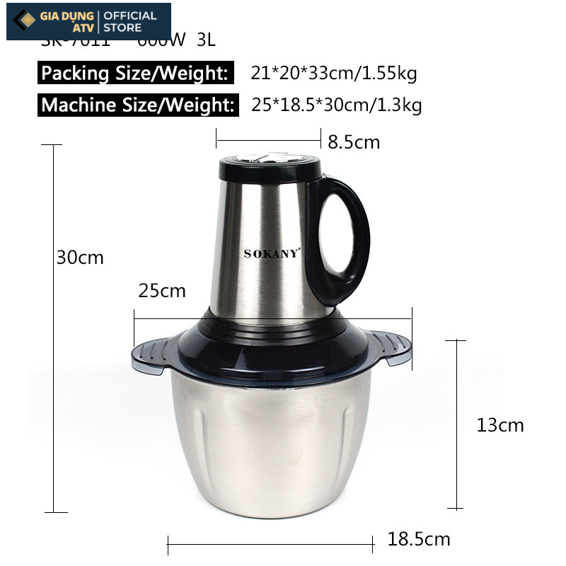 Máy xay thịt , máy xay đa năng Sokany 4 lưỡi , cối 3L Inox 304 công suất lớn 600w Hàng chính hãng BH 12 tháng