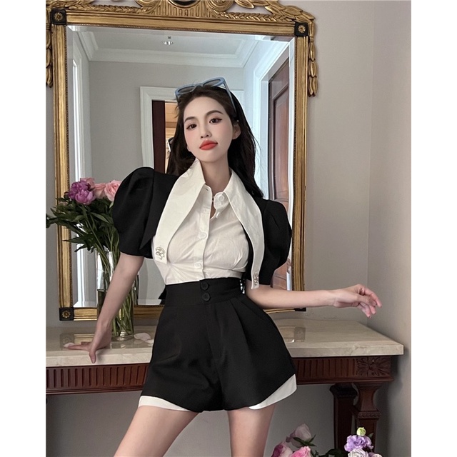 Set áo sơ mi quần lưng cao koreastyle