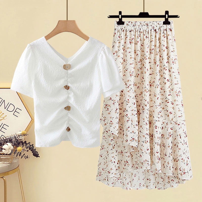 Hàng Có Sẵn Giao Hàng Ngay Lập Phương#Set Áo Thun Chiffon + Chân Váy Lưng Cao Thời Trang Mùa Hè Dành Cho Nữ Có Size Lớn 100Kg