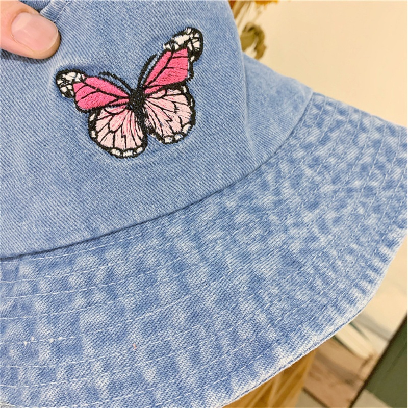 Nón Bucket Chất Liệu Denim Cotton Thêu Họa Tiết Bướm Thời Trang Unisex
