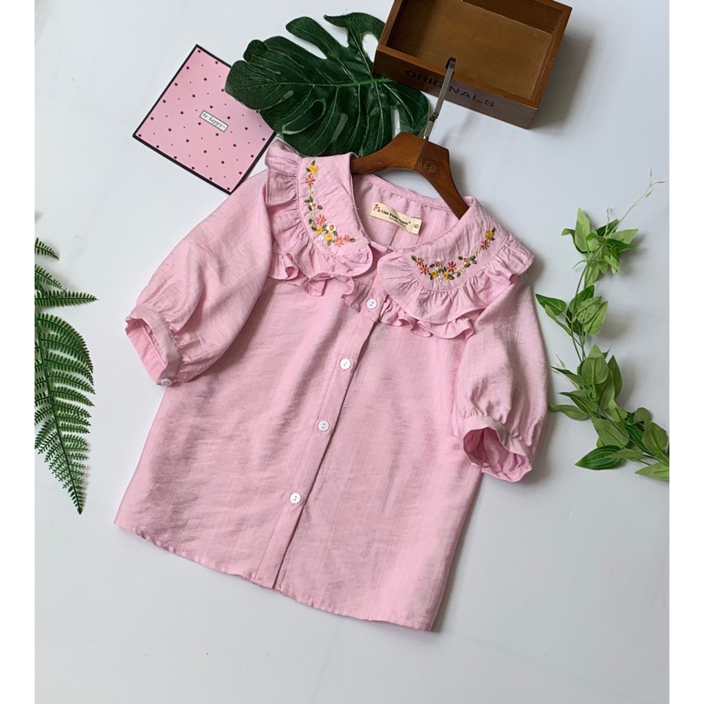 Áo sơ mi bé gái 6-12 tuổi tay lỡ thêu hoa, Sơ mi trắng cho bé vải thô đũi mềm mát