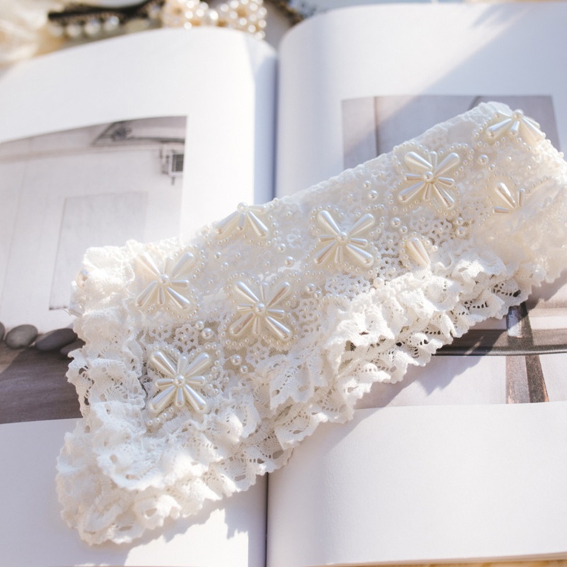 Vòng Cổ Ren Ngắn Đính Hạt Ngọc Trai Giả Phối Diềm Xếp Nếp Trang Trí Cho Nữ