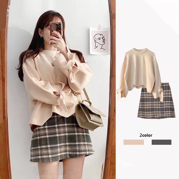 {HCM / CÓ SẴN} SET ÁO LEN VÀ CHÂN VÁY CARO PHONG CÁCH HÀN QUỐC SIZE M