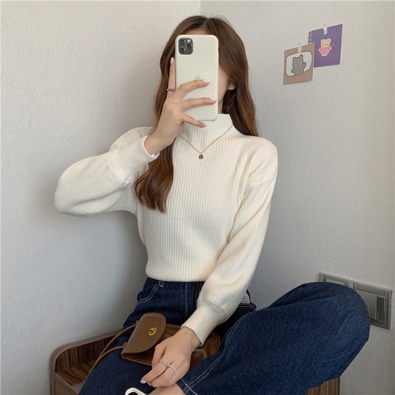 Áo dệt kim tay dài cổ cao giản đơn phong cách Hàn thanh lịch dễ phối đồ