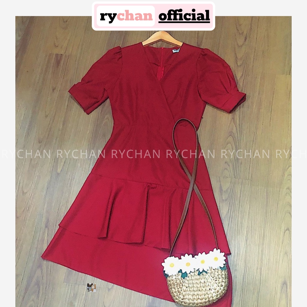 DX464 - Đầm Xòe Đắp Chéo Đuôi Bèo Tay Ngắn 2 Màu Vàng Đỏ [ẢNH THẬT CUỐI]