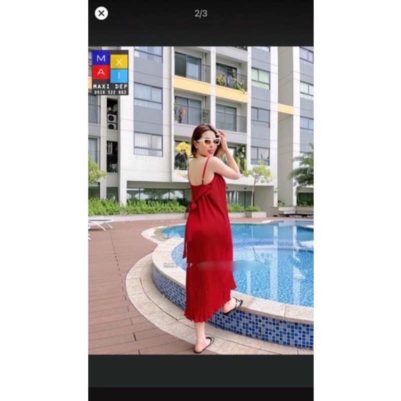 [Hàng đẹp]Đầm dập ly 2 dây cột nơ sau lưng dáng suông _hình thật. alohashop91