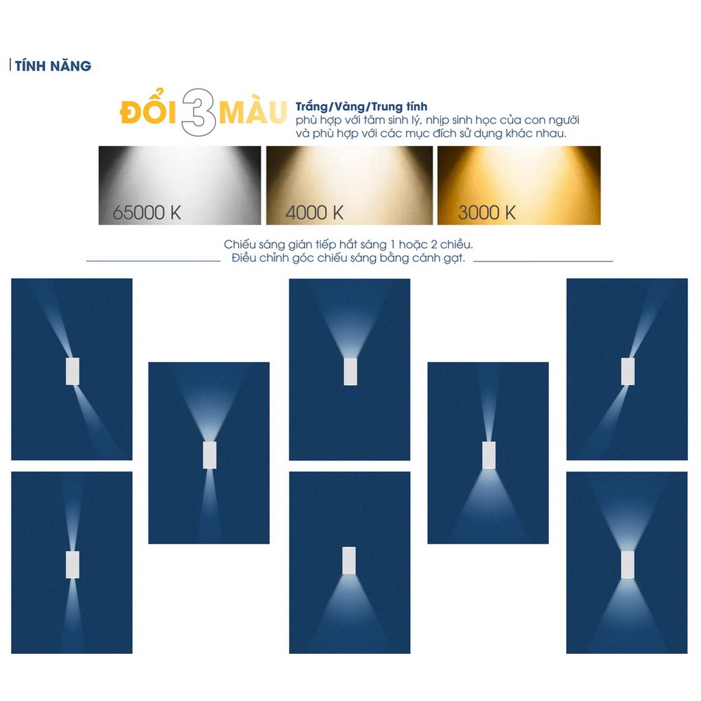 Đèn LED ốp tường hắt sáng 2 đầu đổi 3 màu ánh sáng Rạng Đông 6W Model: LN18 83x60/6W LN18.V2 ĐM 110x75/6W