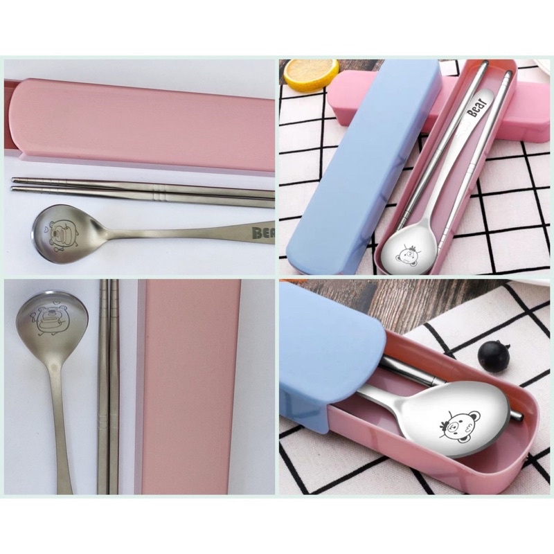Bộ muỗng đũa cá nhân hình gấu Bộ thìa đũa văn phòng inox 304 cao cấp tiện dụng