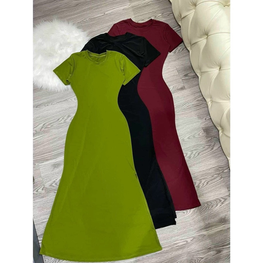 Đầm cổ tròn tay ngắn xẻ tà dáng dài , chất thun gân - MIN Boutiques